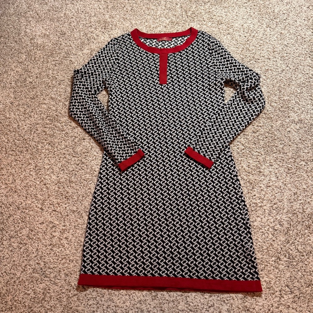 Krimson Klover Black & White Geo Knit Dress with Red Trim